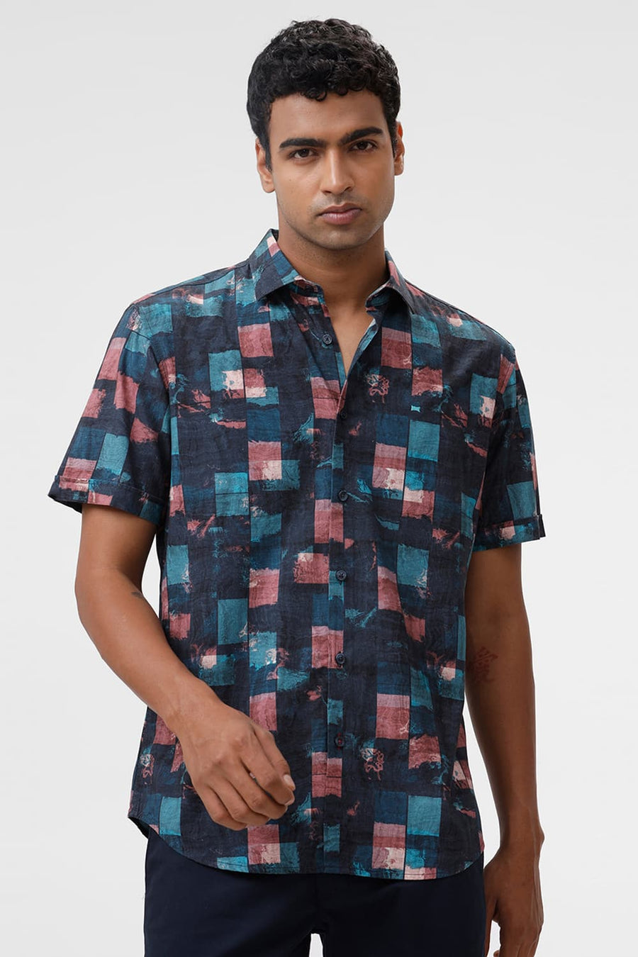 BASICS SLIM FIT TEAL TIDE COTTON VISCOSE DIGITAL PRINTED HALFSLEEVES SHIRT