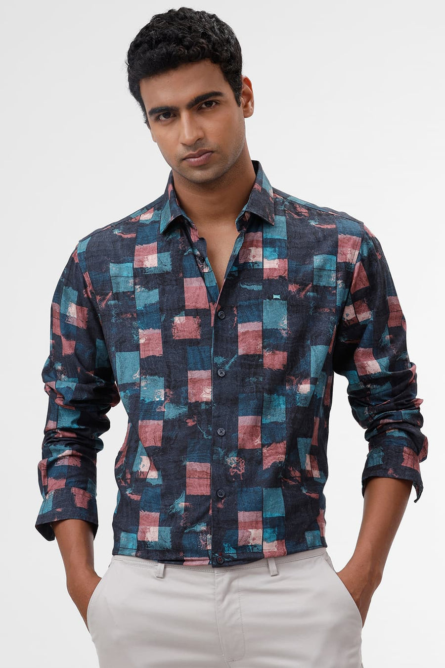 BASICS SLIM FIT TEAL TIDE COTTON VISCOSE DIGITAL PRINTED SHIRT