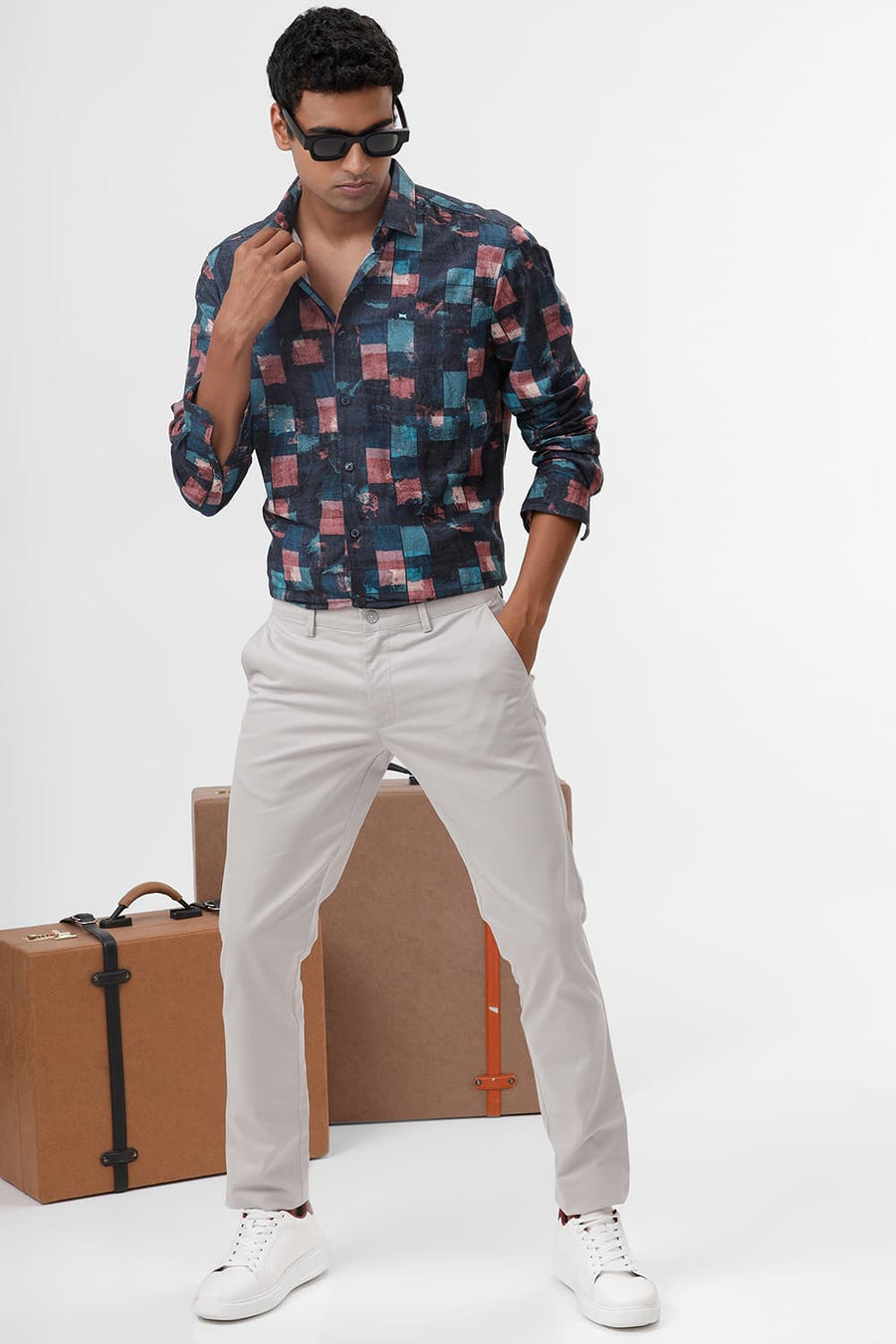 BASICS SLIM FIT TEAL TIDE COTTON VISCOSE DIGITAL PRINTED SHIRT