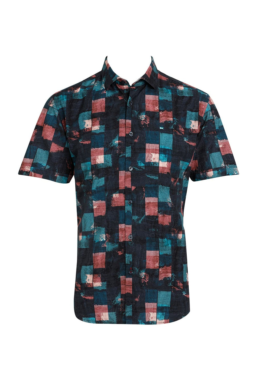 BASICS SLIM FIT TEAL TIDE COTTON VISCOSE DIGITAL PRINTED HALFSLEEVES SHIRT