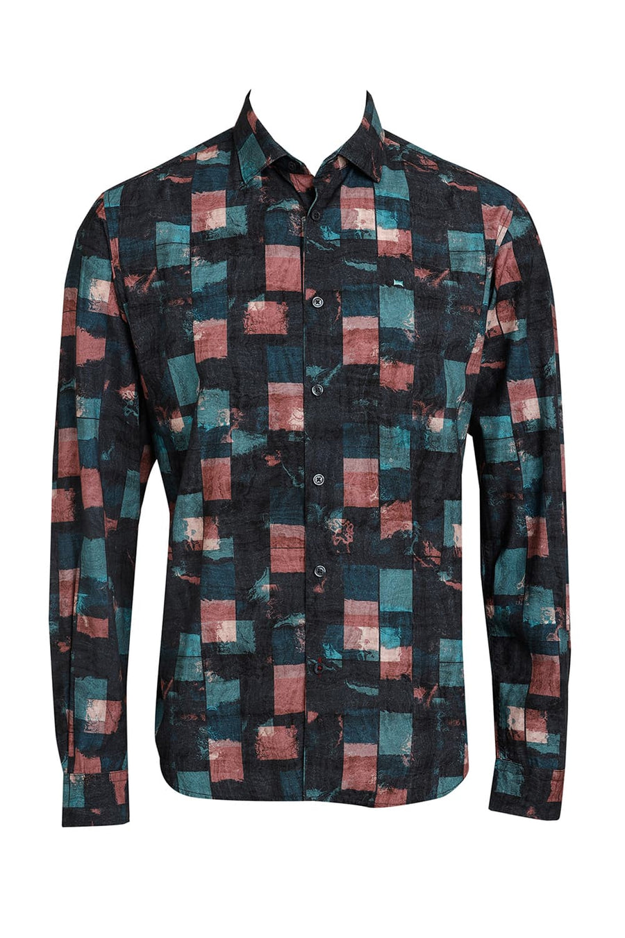 BASICS SLIM FIT TEAL TIDE COTTON VISCOSE DIGITAL PRINTED SHIRT