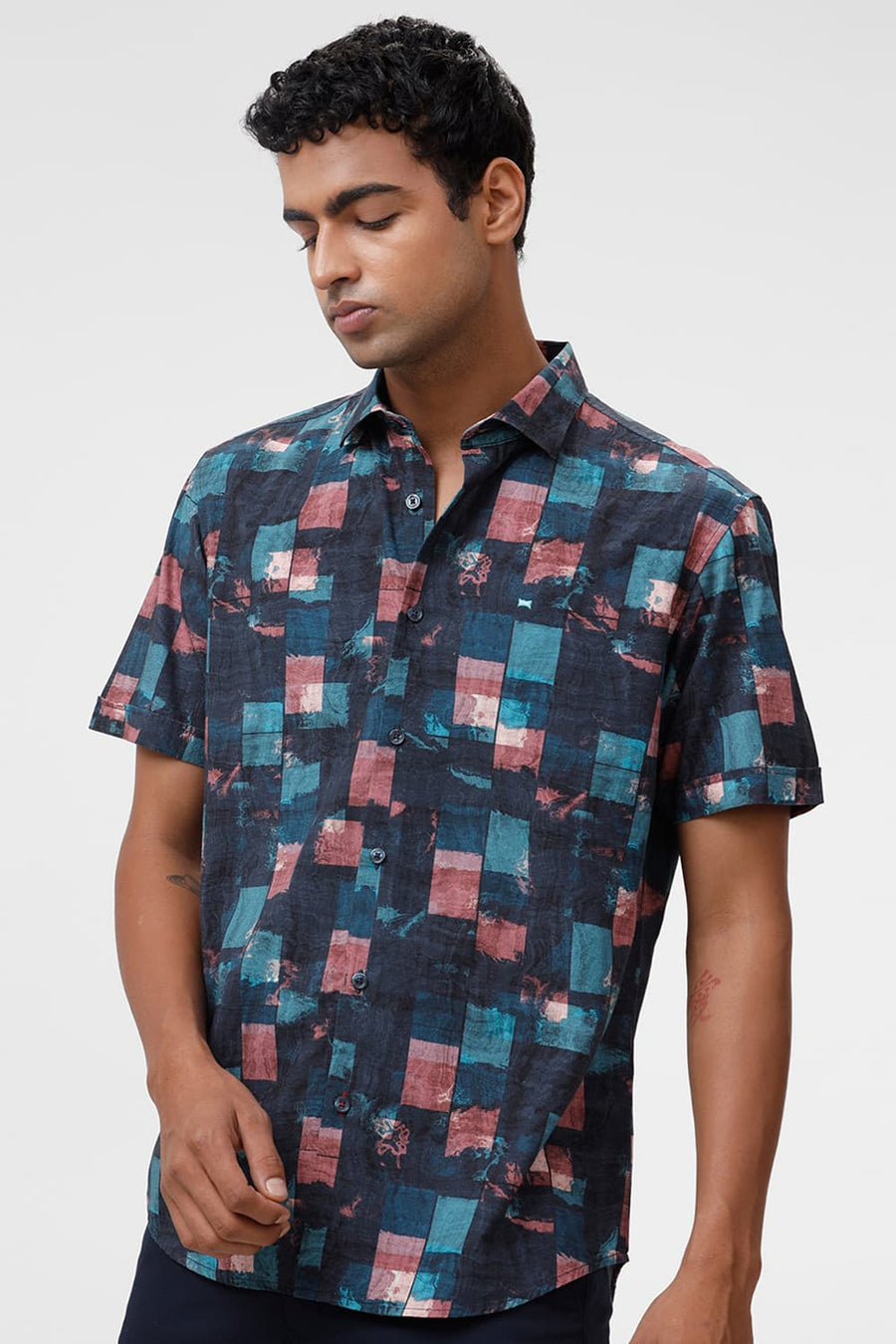 BASICS SLIM FIT TEAL TIDE COTTON VISCOSE DIGITAL PRINTED HALFSLEEVES SHIRT