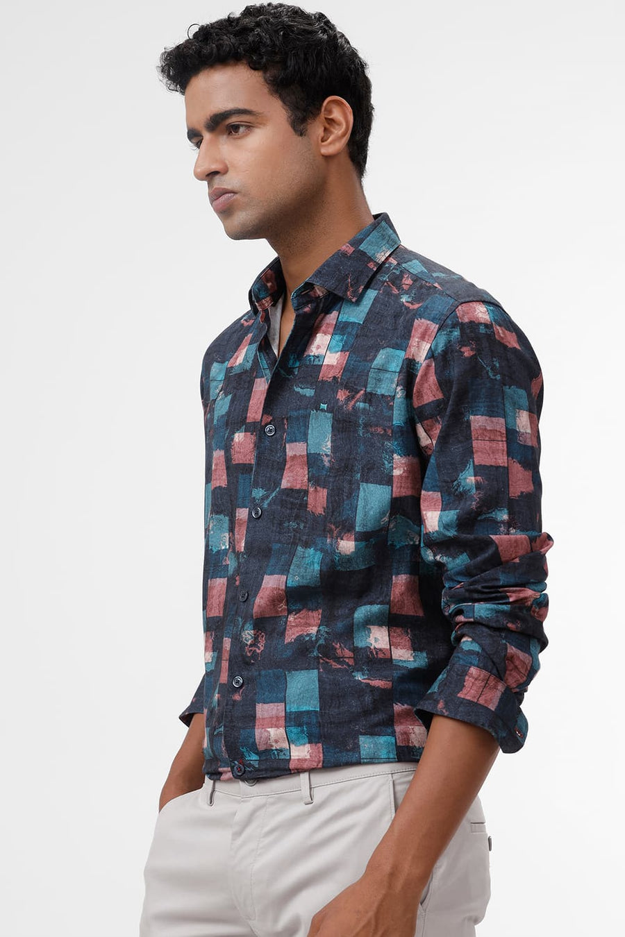 BASICS SLIM FIT TEAL TIDE COTTON VISCOSE DIGITAL PRINTED SHIRT