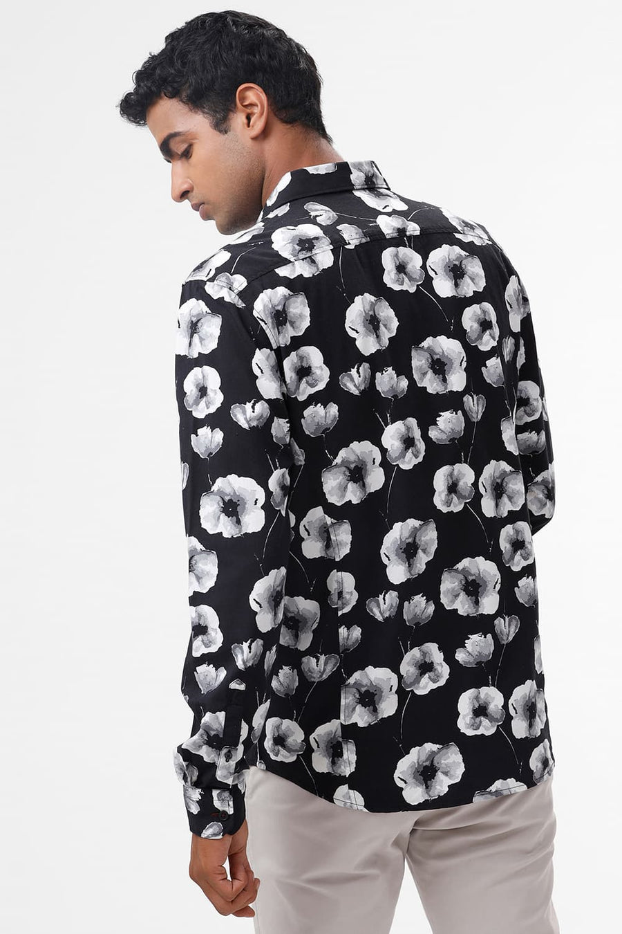 BASICS SLIM FIT CHARCOAL BLACK COTTON VISCOSE DIGITAL PRINTED SHIRT