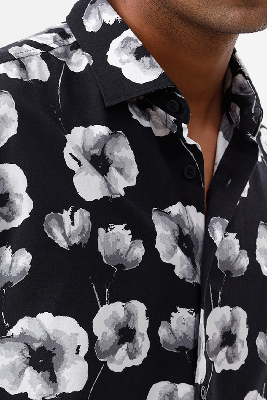 BASICS SLIM FIT CHARCOAL BLACK COTTON VISCOSE DIGITAL PRINTED SHIRT