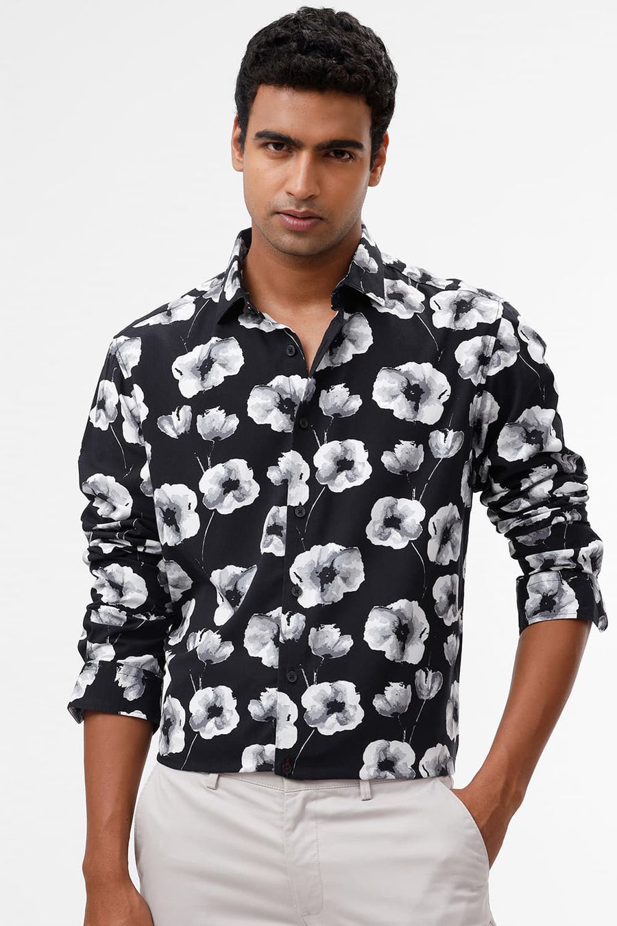 BASICS SLIM FIT CHARCOAL BLACK COTTON VISCOSE DIGITAL PRINTED SHIRT