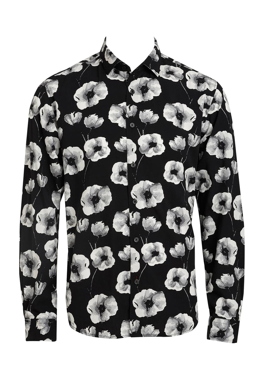 BASICS SLIM FIT CHARCOAL BLACK COTTON VISCOSE DIGITAL PRINTED SHIRT