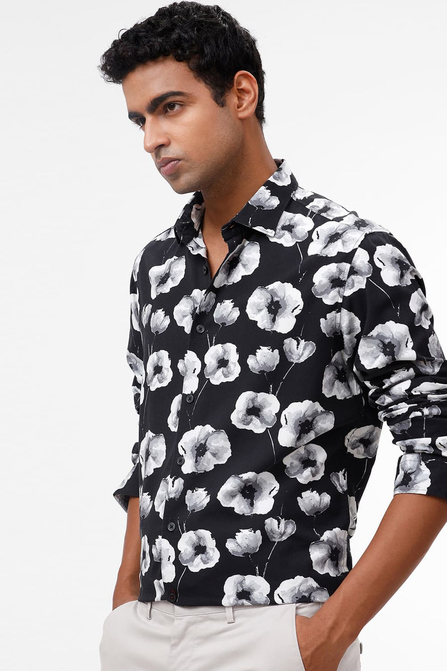 BASICS SLIM FIT CHARCOAL BLACK COTTON VISCOSE DIGITAL PRINTED SHIRT