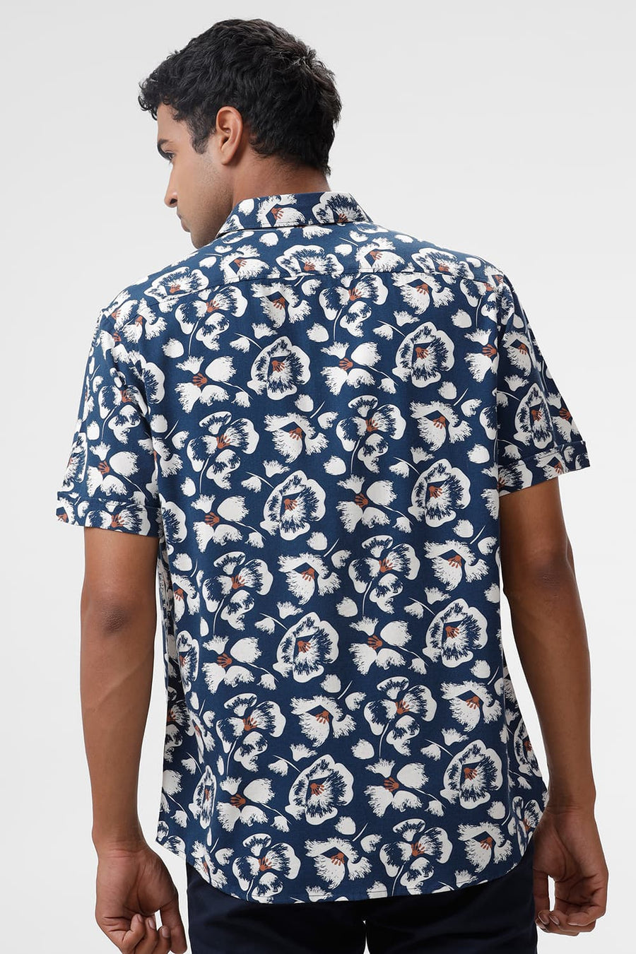 BASICS SLIM FIT POSEIDON BLUE COTTON VISCOSE TWILL PRINTED HALFSLEEVES SHIRT