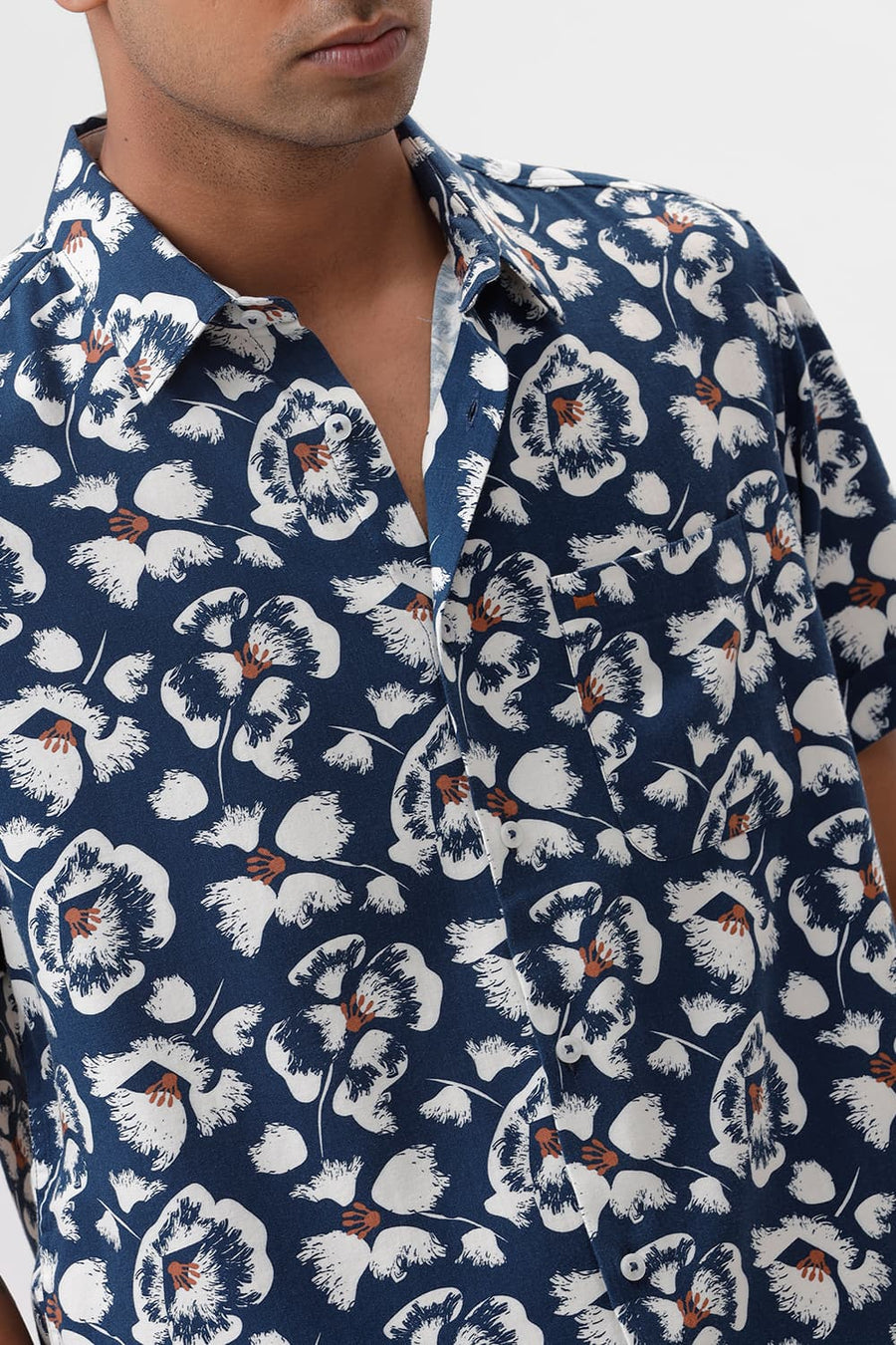 BASICS SLIM FIT POSEIDON BLUE COTTON VISCOSE TWILL PRINTED HALFSLEEVES SHIRT