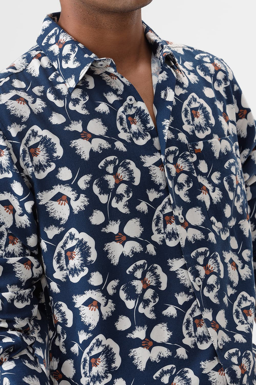BASICS SLIM FIT POSEIDON BLUE COTTON VISCOSE TWILL PRINTED SHIRT