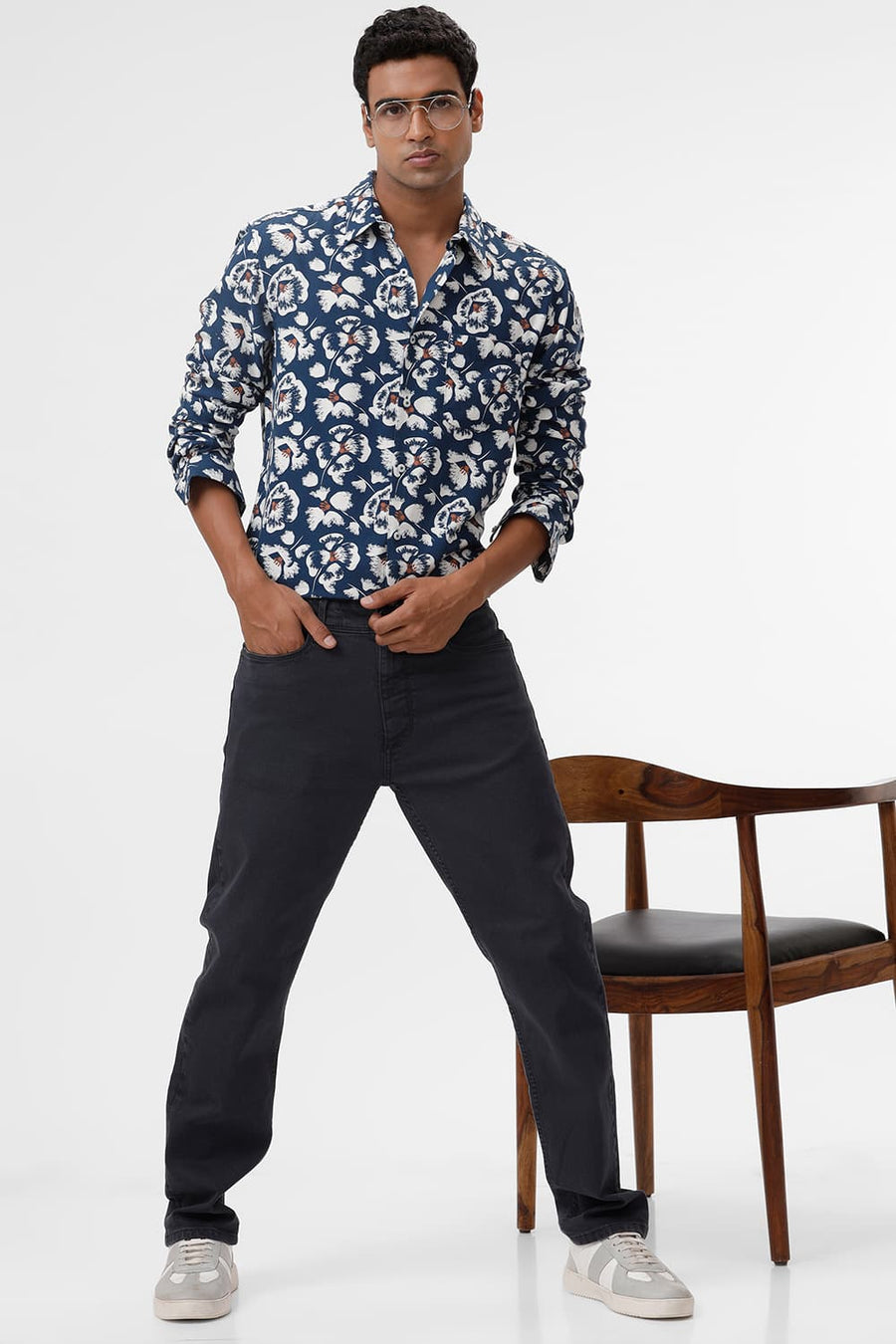 BASICS SLIM FIT POSEIDON BLUE COTTON VISCOSE TWILL PRINTED SHIRT
