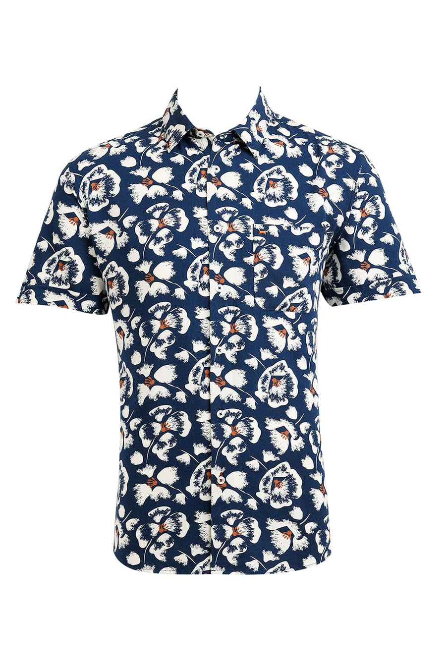 BASICS SLIM FIT POSEIDON BLUE COTTON VISCOSE TWILL PRINTED HALFSLEEVES SHIRT