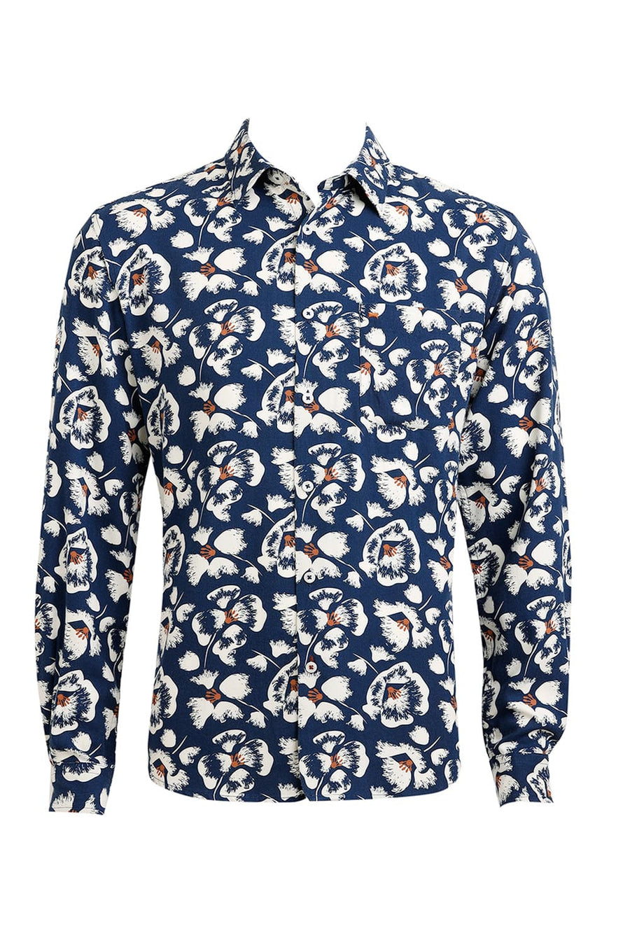 BASICS SLIM FIT POSEIDON BLUE COTTON VISCOSE TWILL PRINTED SHIRT