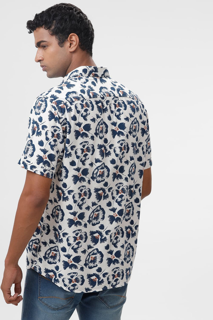 BASICS SLIM FIT PRISTINE BEIGE COTTON VISCOSE TWILL PRINTED HALFSLEEVES SHIRT