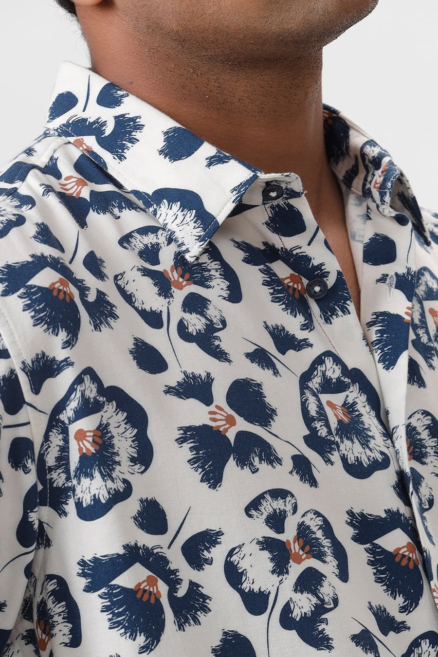 BASICS SLIM FIT PRISTINE BEIGE COTTON VISCOSE TWILL PRINTED HALFSLEEVES SHIRT