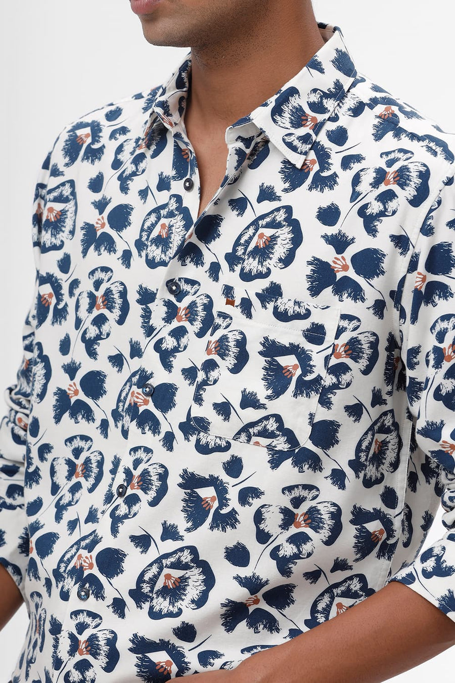 BASICS SLIM FIT PRISTINE BEIGE COTTON VISCOSE TWILL PRINTED SHIRT