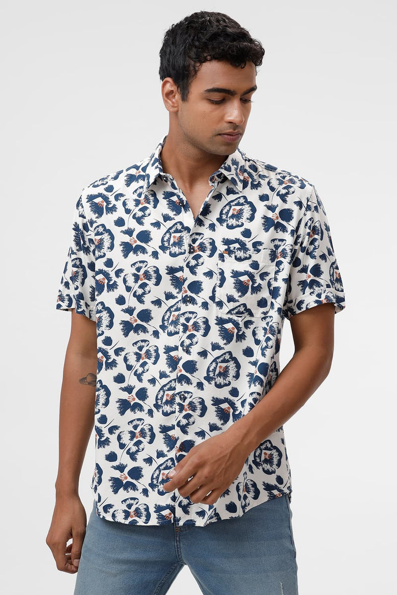 SLIM FIT COTTON VISCOSE TWILL PRINTED HALFSLEEVES SHIRT