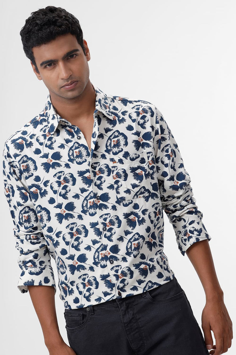 BASICS SLIM FIT PRISTINE BEIGE COTTON VISCOSE TWILL PRINTED SHIRT