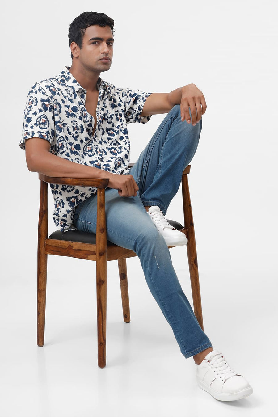 BASICS SLIM FIT PRISTINE BEIGE COTTON VISCOSE TWILL PRINTED HALFSLEEVES SHIRT