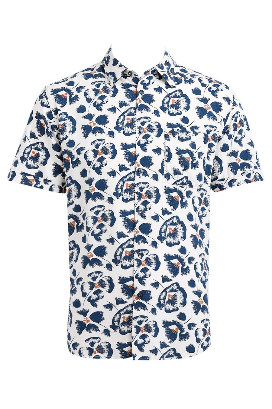 BASICS SLIM FIT PRISTINE BEIGE COTTON VISCOSE TWILL PRINTED HALFSLEEVES SHIRT