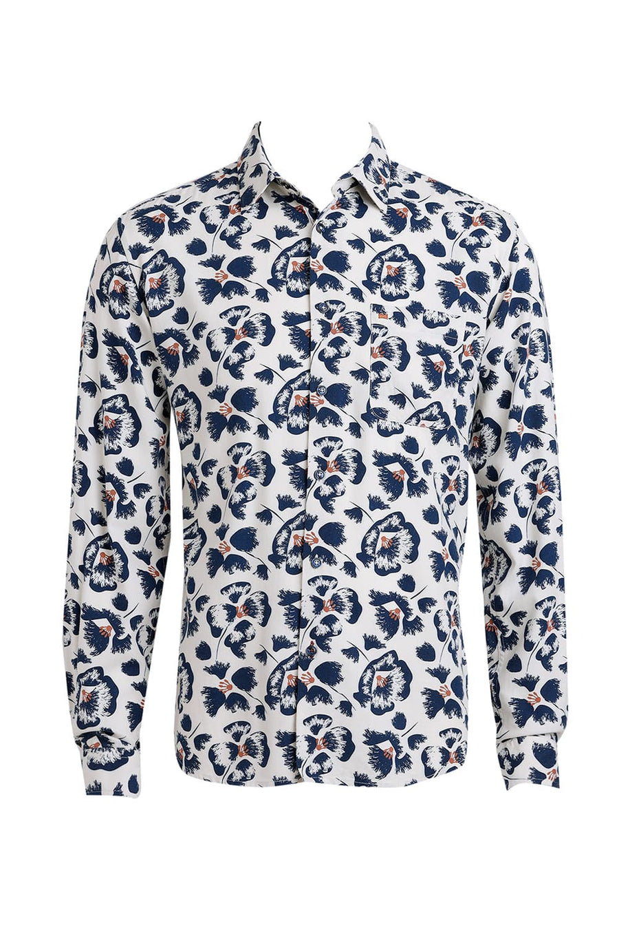 BASICS SLIM FIT PRISTINE BEIGE COTTON VISCOSE TWILL PRINTED SHIRT