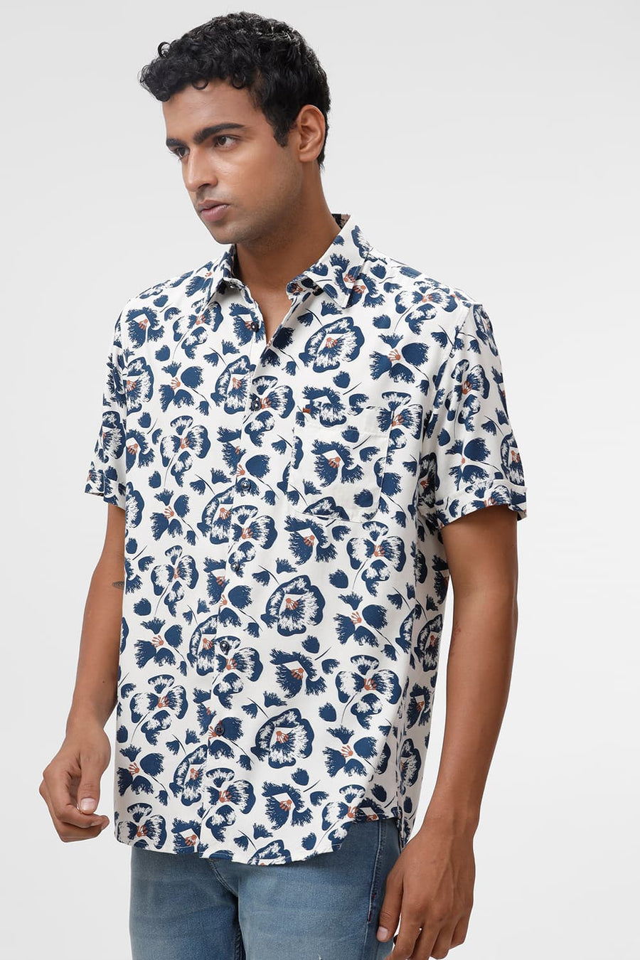 BASICS SLIM FIT PRISTINE BEIGE COTTON VISCOSE TWILL PRINTED HALFSLEEVES SHIRT