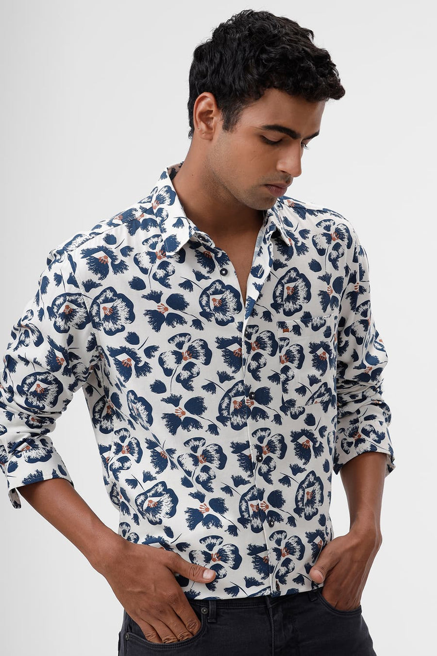 BASICS SLIM FIT PRISTINE BEIGE COTTON VISCOSE TWILL PRINTED SHIRT