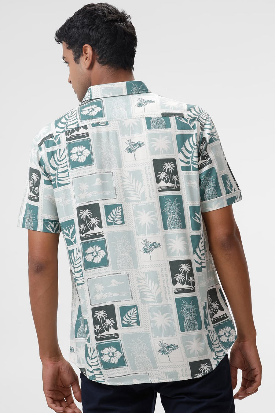BASICS SLIM FIT HARBOR GREEN COTTON VISCOSE TWILL PRINTED HALFSLEEVES SHIRT