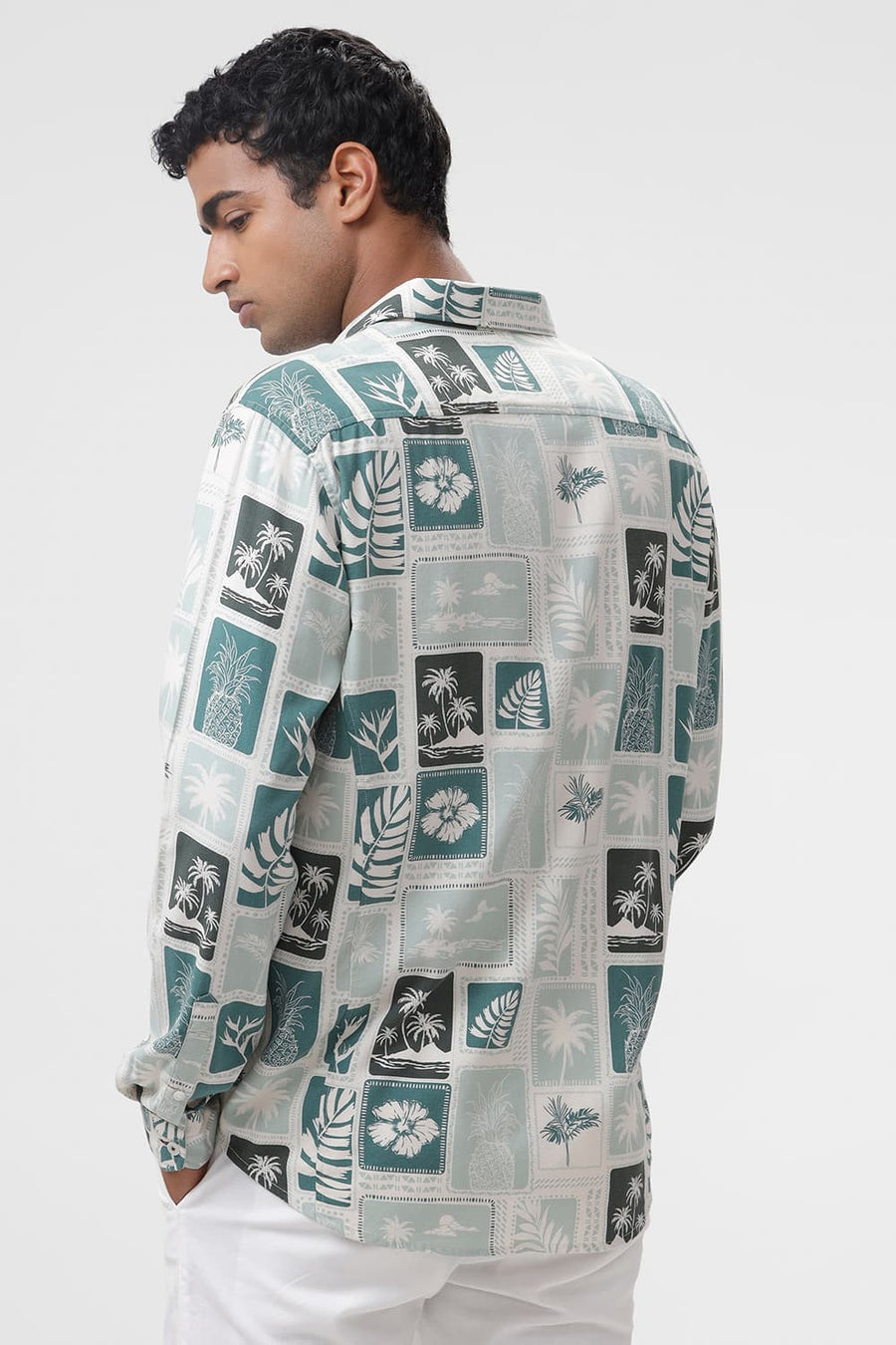 BASICS SLIM FIT HARBOR GREEN COTTON VISCOSE TWILL PRINTED SHIRT