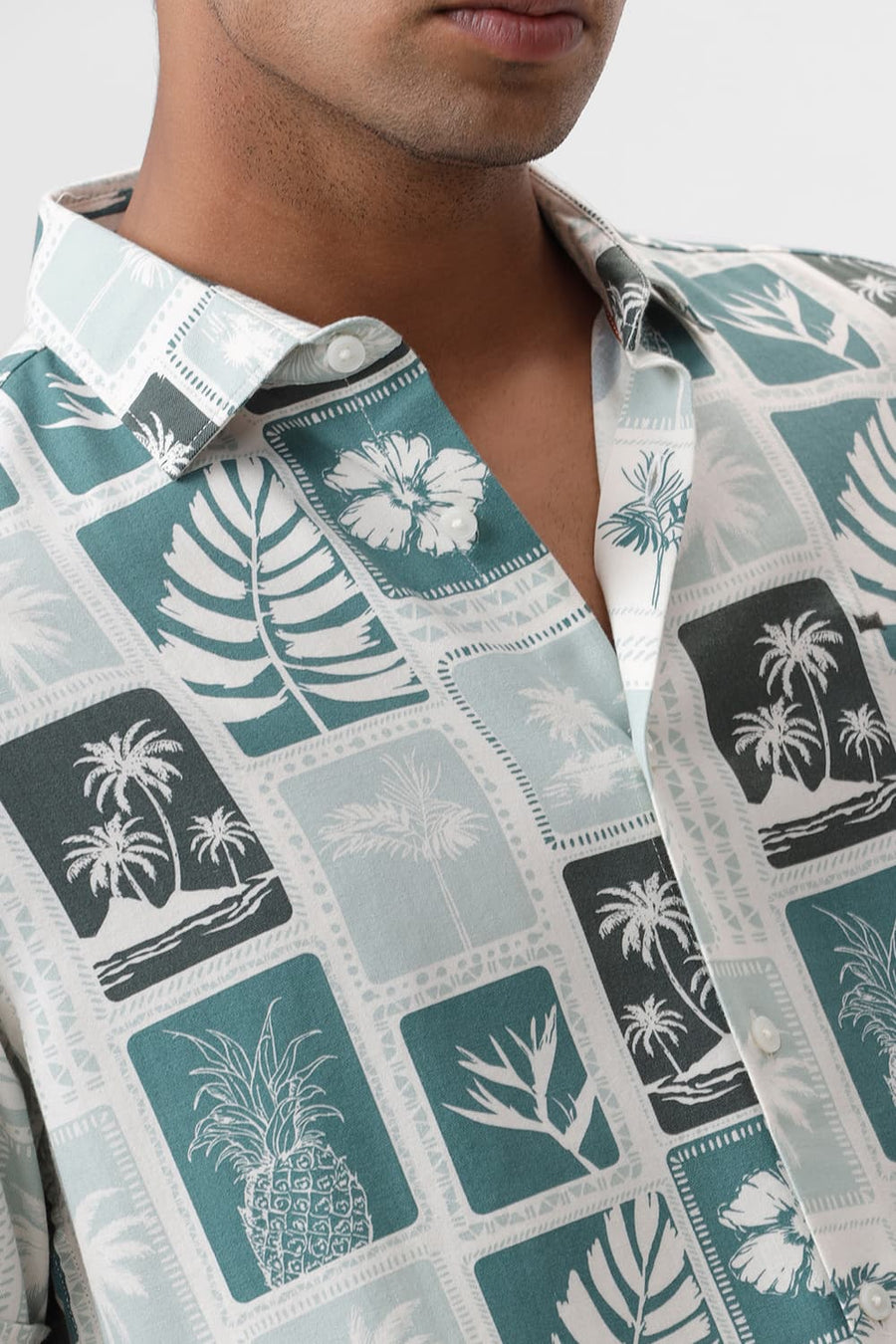 BASICS SLIM FIT HARBOR GREEN COTTON VISCOSE TWILL PRINTED HALFSLEEVES SHIRT