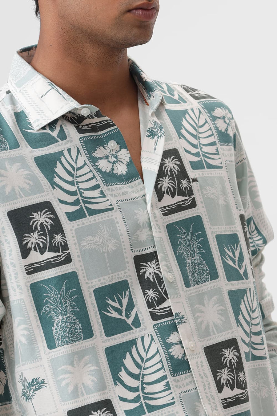 BASICS SLIM FIT HARBOR GREEN COTTON VISCOSE TWILL PRINTED SHIRT