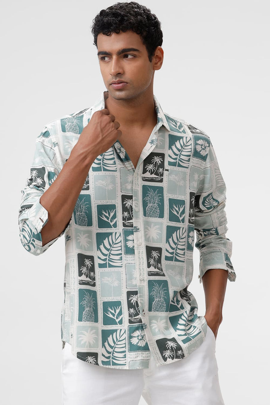 BASICS SLIM FIT HARBOR GREEN COTTON VISCOSE TWILL PRINTED SHIRT
