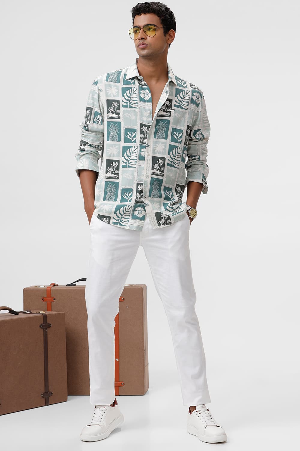 SLIM FIT COTTON VISCOSE TWILL PRINTED SHIRT