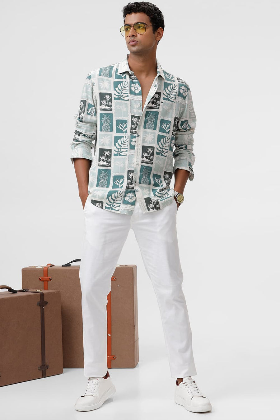 BASICS SLIM FIT HARBOR GREEN COTTON VISCOSE TWILL PRINTED SHIRT