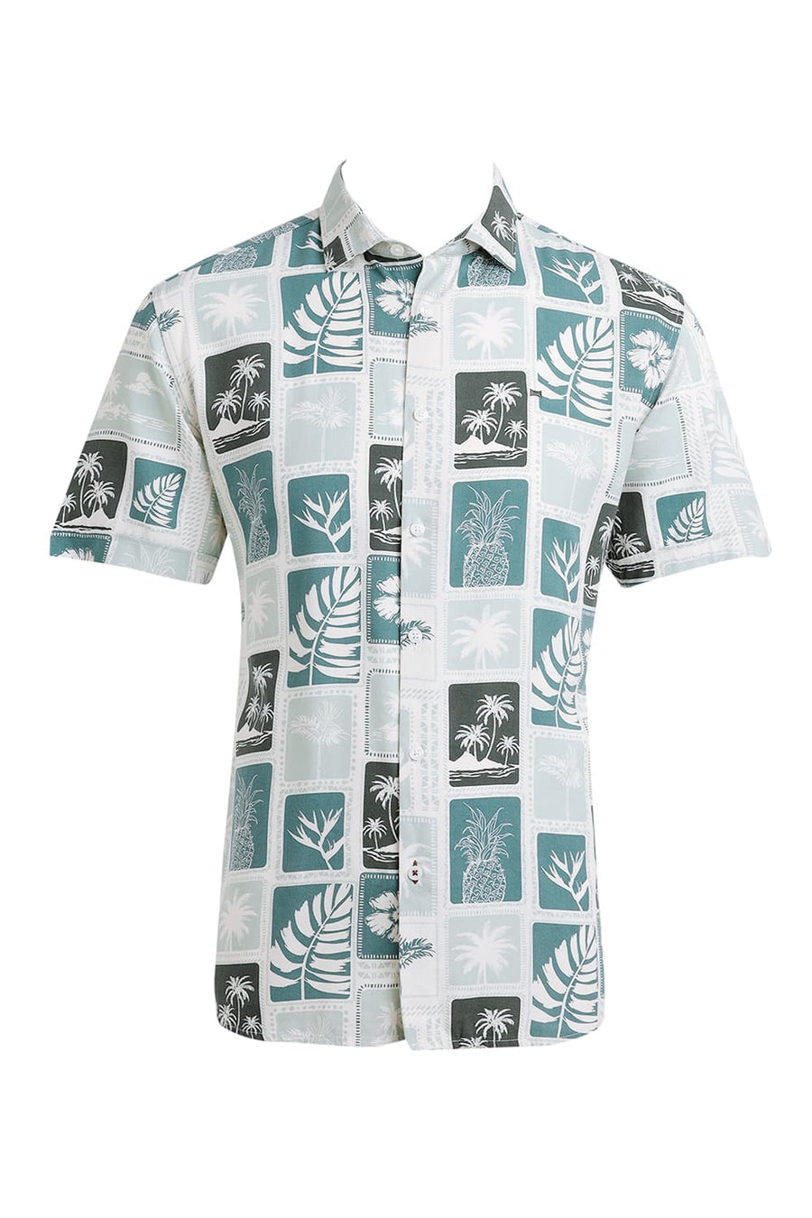 BASICS SLIM FIT HARBOR GREEN COTTON VISCOSE TWILL PRINTED HALFSLEEVES SHIRT