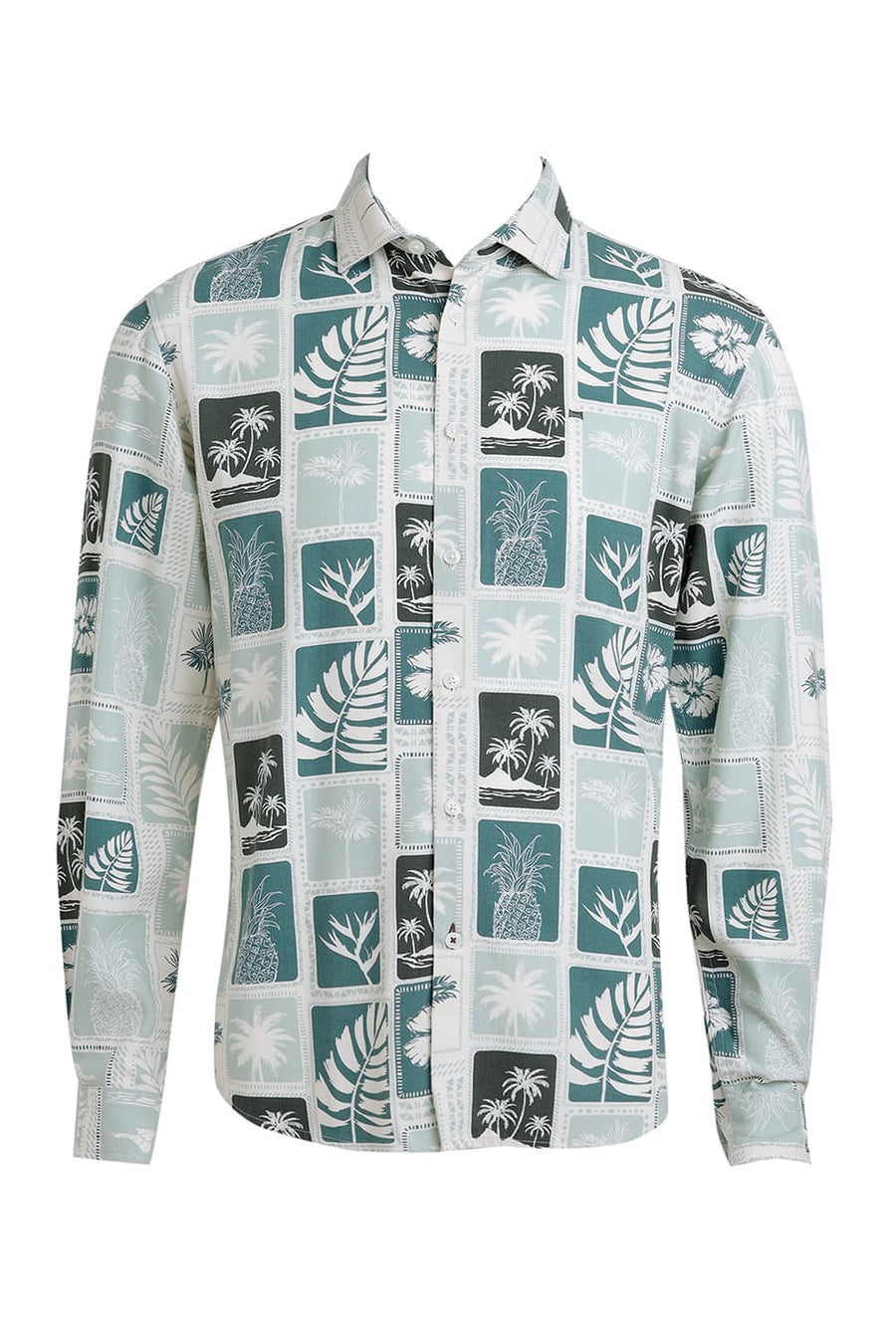 BASICS SLIM FIT HARBOR GREEN COTTON VISCOSE TWILL PRINTED SHIRT