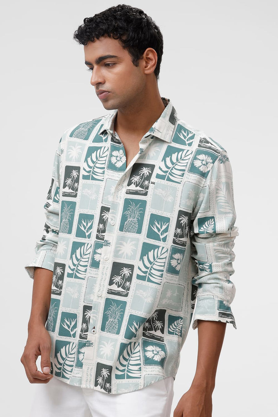BASICS SLIM FIT HARBOR GREEN COTTON VISCOSE TWILL PRINTED SHIRT