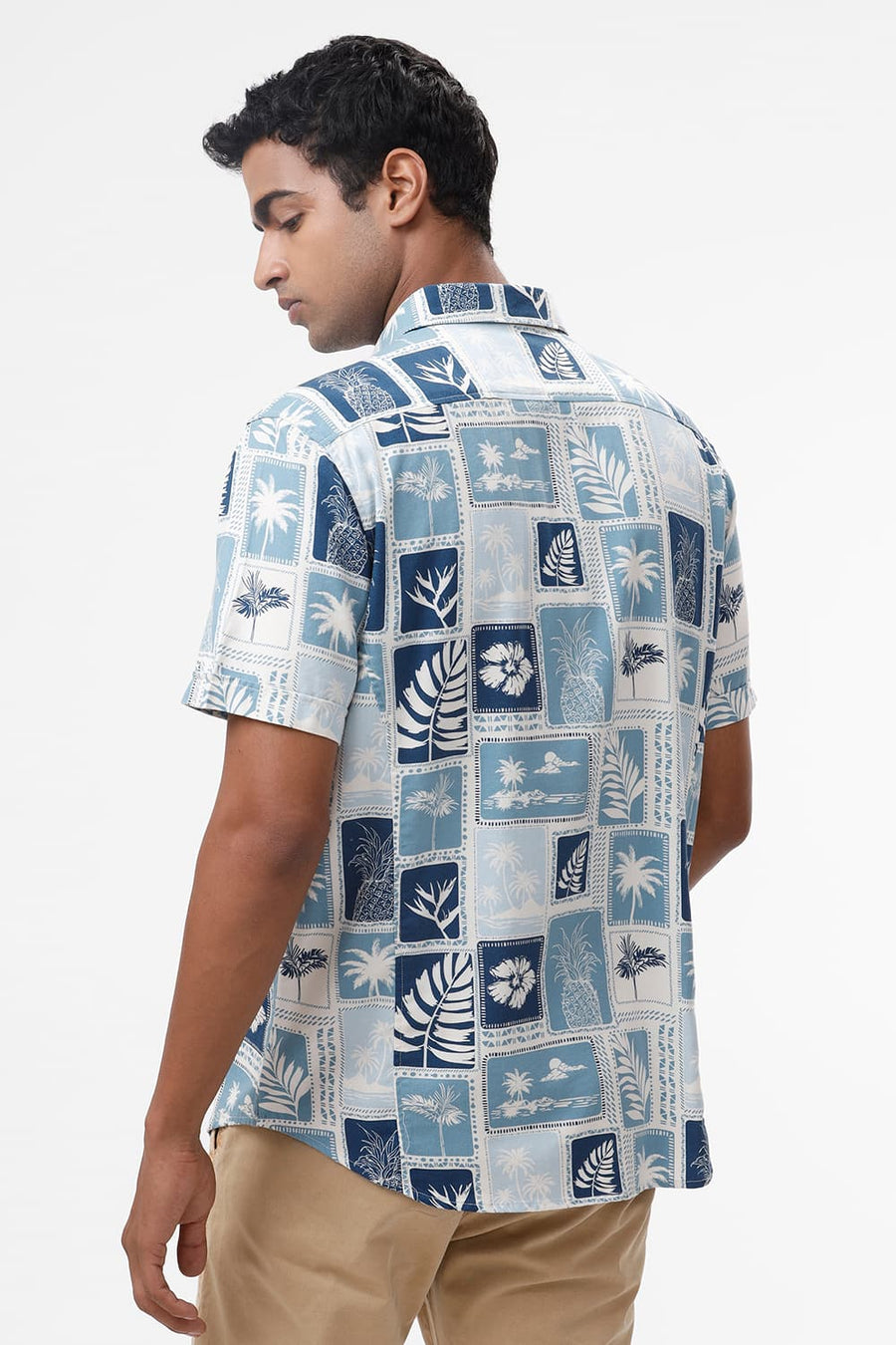 BASICS SLIM FIT DELPHINIUM BLUE COTTON VISCOSE TWILL PRINTED HALFSLEEVES SHIRT