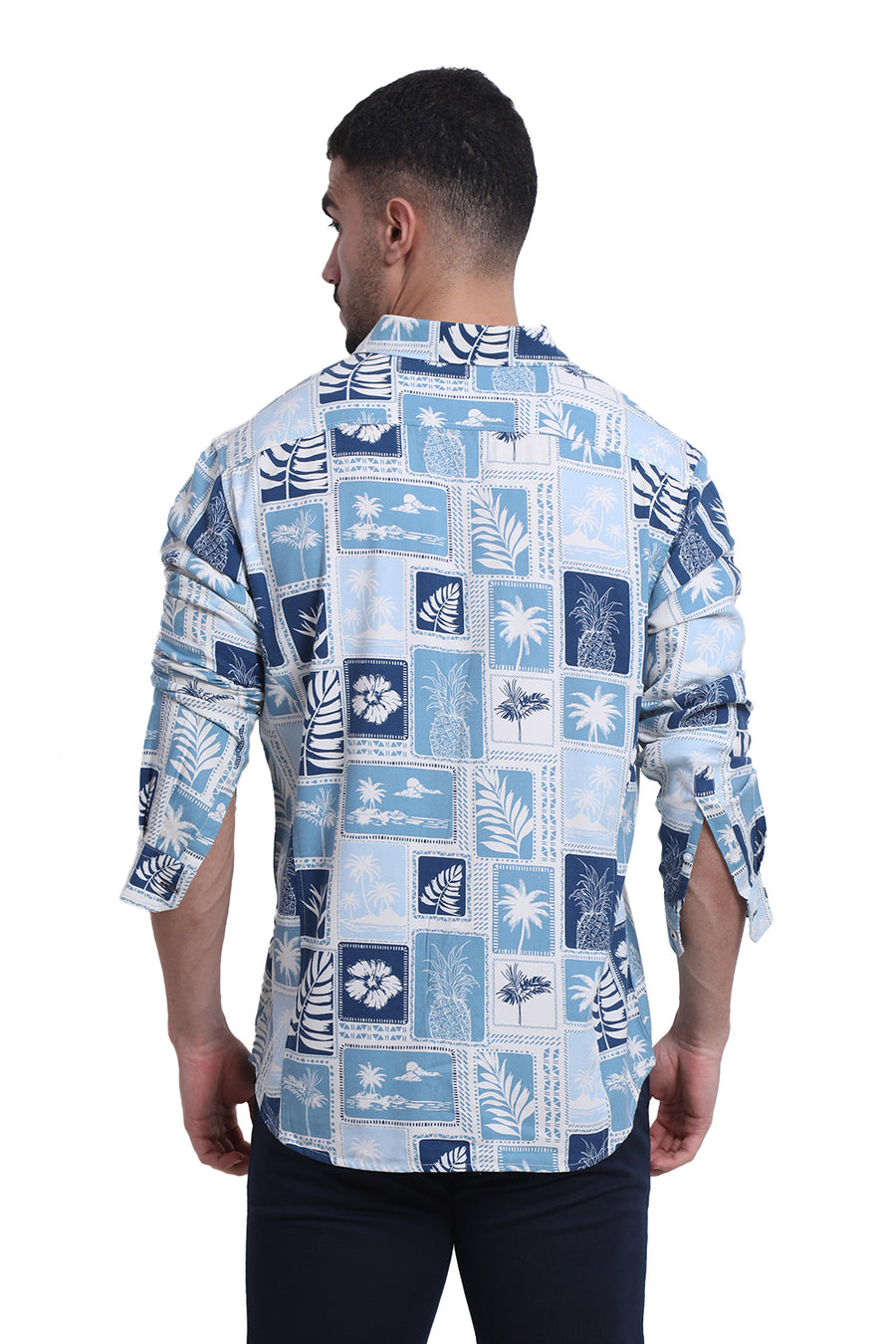BASICS SLIM FIT DELPHINIUM BLUE COTTON VISCOSE TWILL PRINTED SHIRT