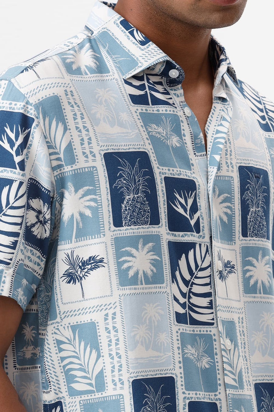 BASICS SLIM FIT DELPHINIUM BLUE COTTON VISCOSE TWILL PRINTED HALFSLEEVES SHIRT
