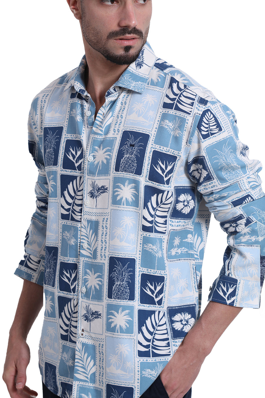 BASICS SLIM FIT DELPHINIUM BLUE COTTON VISCOSE TWILL PRINTED SHIRT