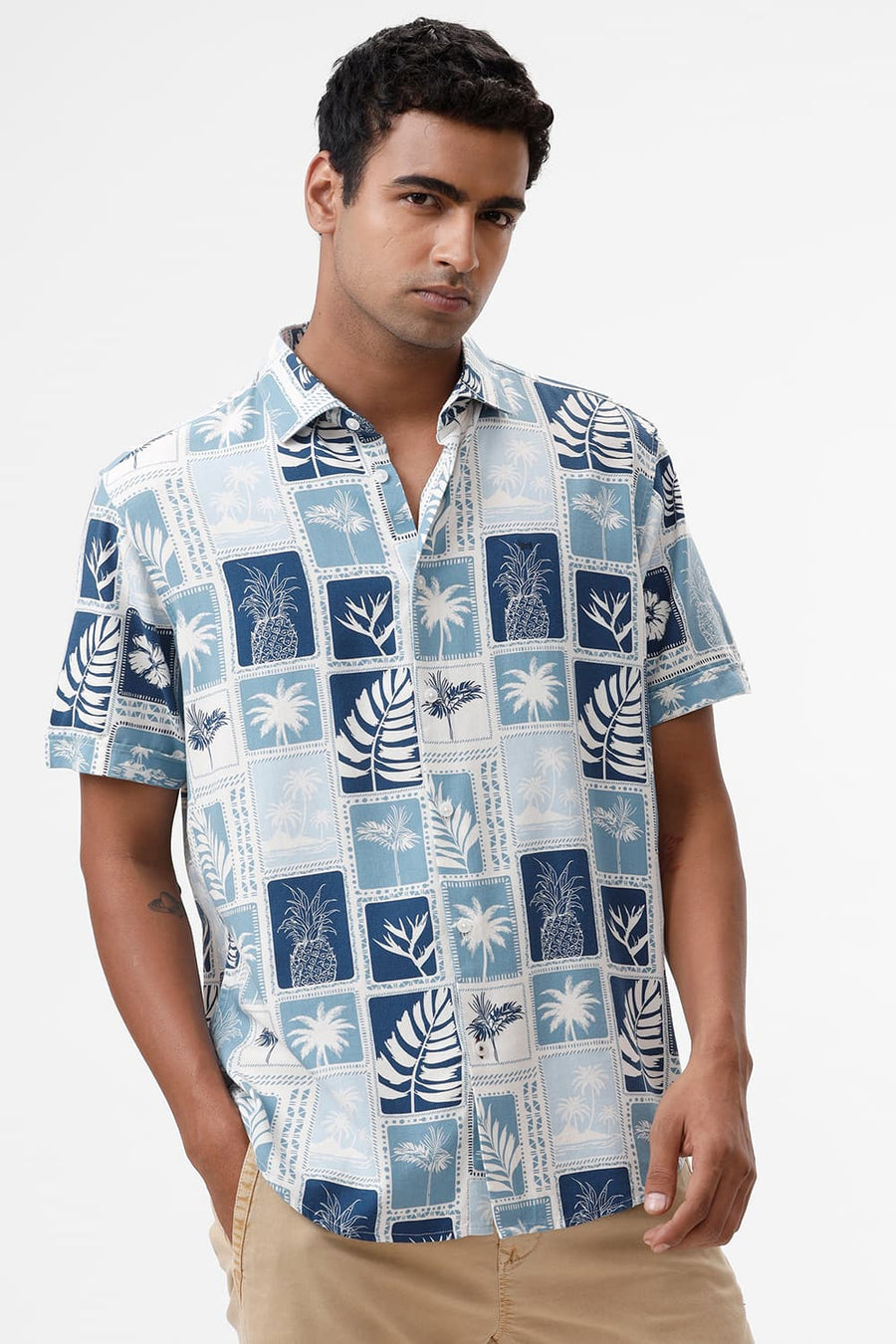 BASICS SLIM FIT DELPHINIUM BLUE COTTON VISCOSE TWILL PRINTED HALFSLEEVES SHIRT