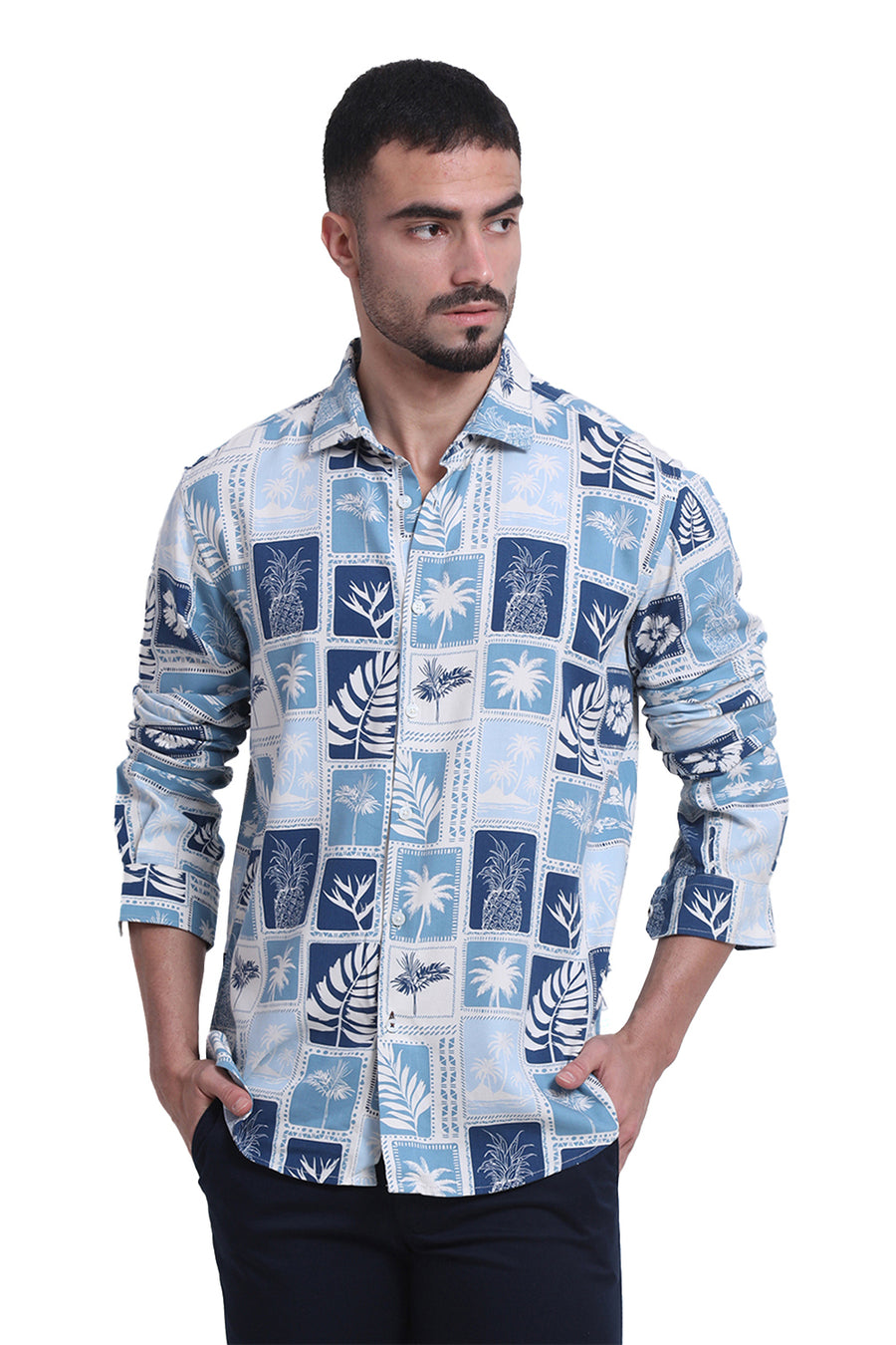 BASICS SLIM FIT DELPHINIUM BLUE COTTON VISCOSE TWILL PRINTED SHIRT