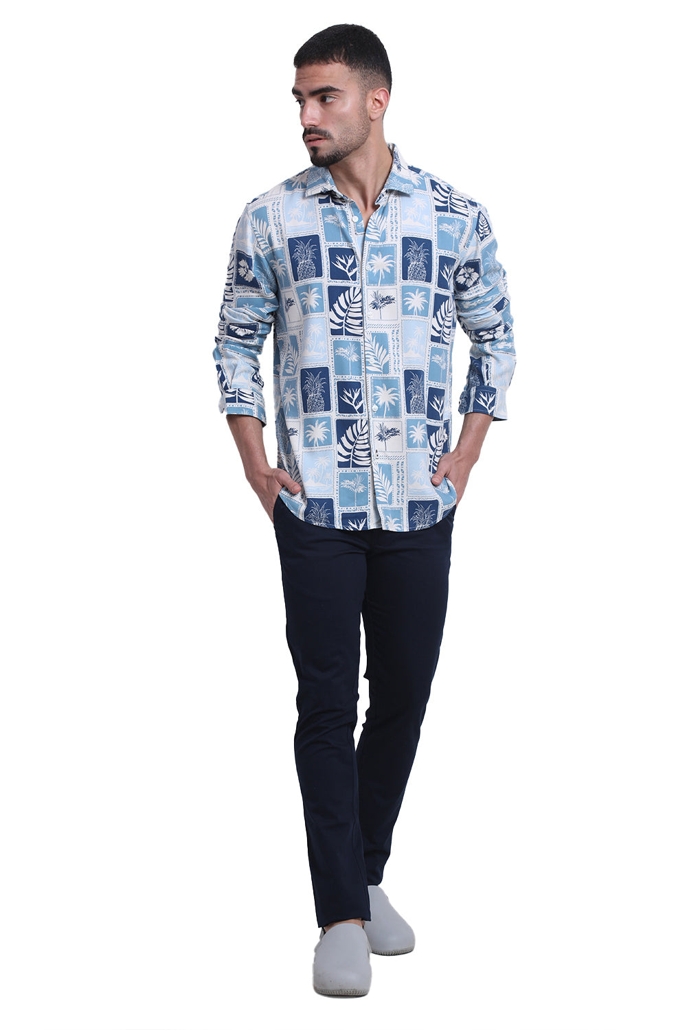 SLIM FIT COTTON VISCOSE TWILL PRINTED SHIRT