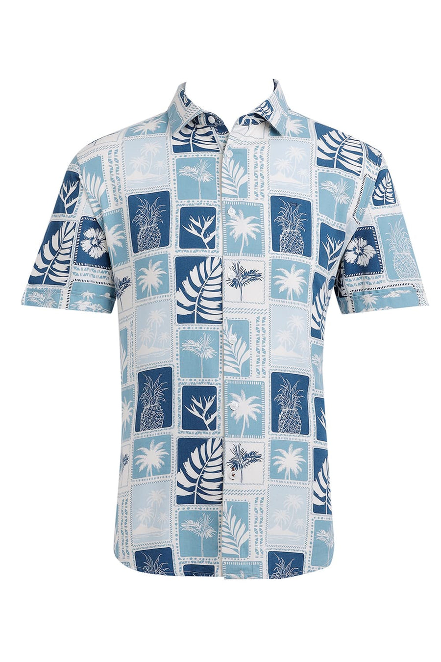 BASICS SLIM FIT DELPHINIUM BLUE COTTON VISCOSE TWILL PRINTED HALFSLEEVES SHIRT