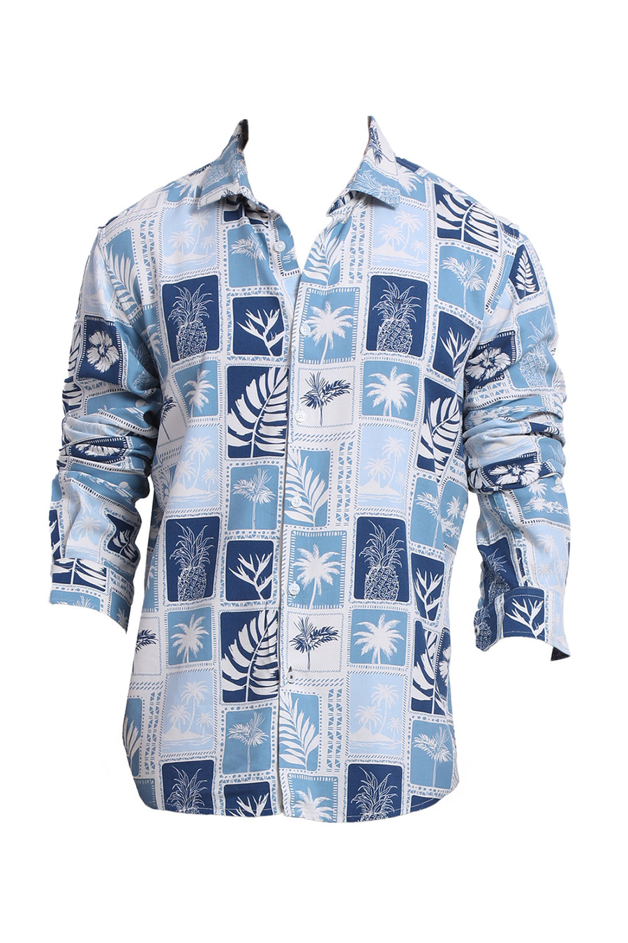 BASICS SLIM FIT DELPHINIUM BLUE COTTON VISCOSE TWILL PRINTED SHIRT