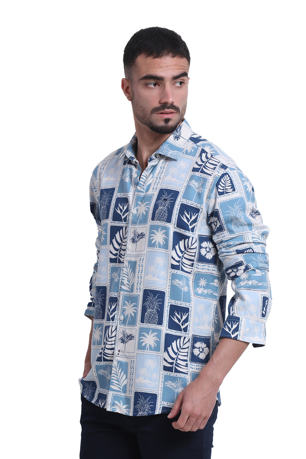 SLIM FIT COTTON VISCOSE TWILL PRINTED SHIRT