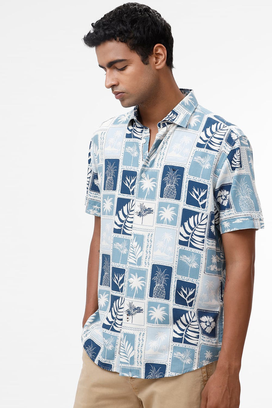 BASICS SLIM FIT DELPHINIUM BLUE COTTON VISCOSE TWILL PRINTED HALFSLEEVES SHIRT