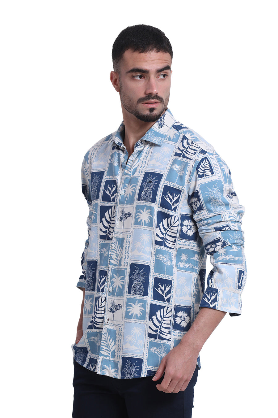 BASICS SLIM FIT DELPHINIUM BLUE COTTON VISCOSE TWILL PRINTED SHIRT